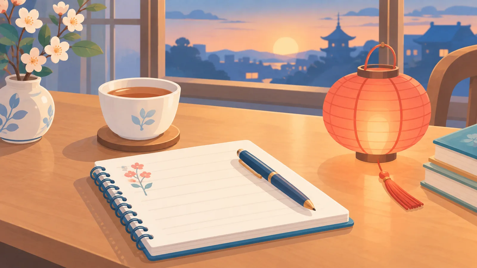 摆着笔记本、茶杯和小红灯笼的安静茶桌