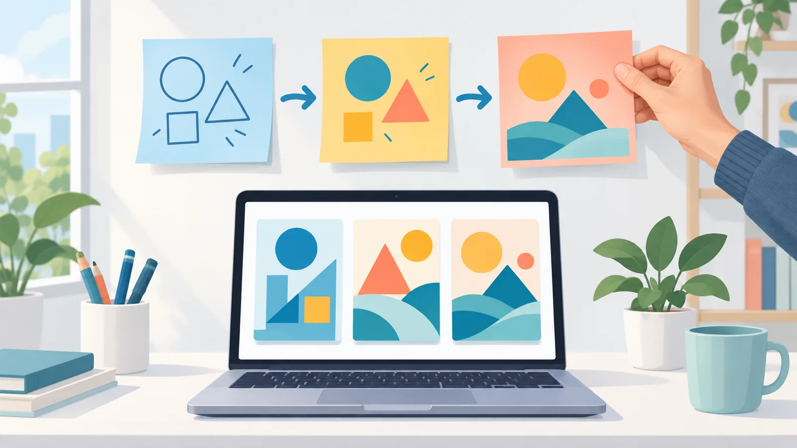 墙上排列的便利贴步骤和电脑中的三件设计样品