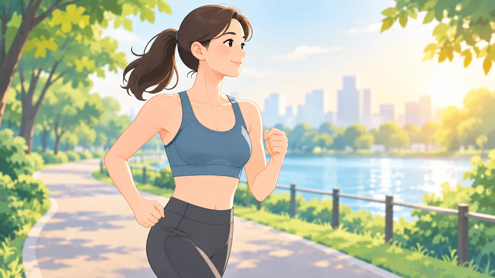 清晨在公园小径慢跑的女性