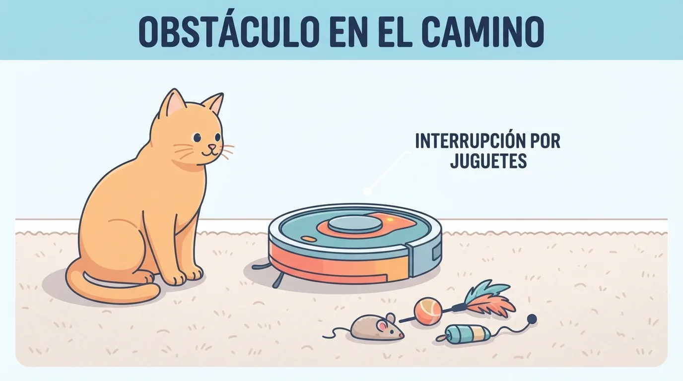 猫咪看着停在宠物玩具前的扫地机器人