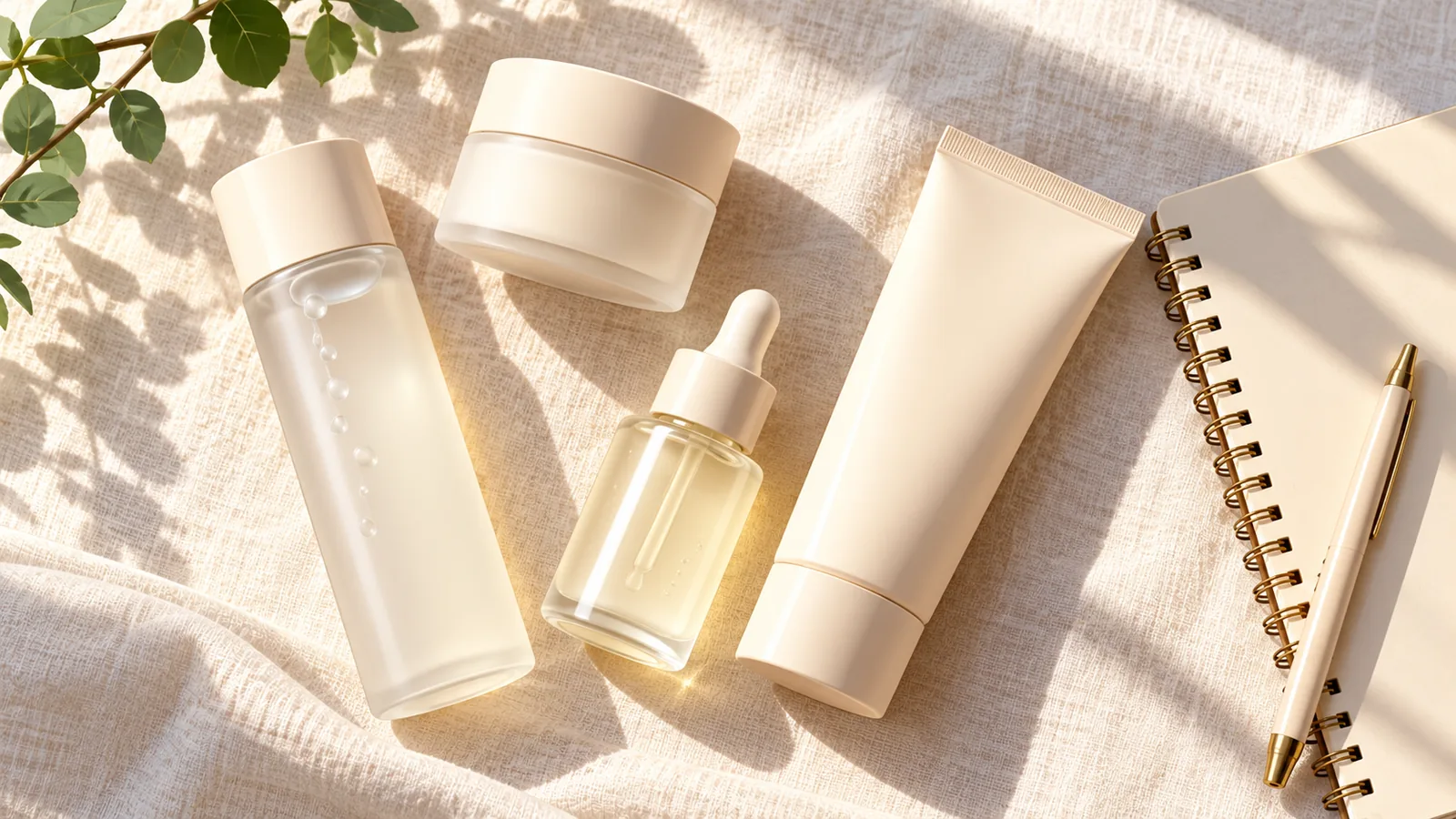 Verschiedene K-Beauty-Pflegeprodukte flach auf hellem Leinen arrangiert