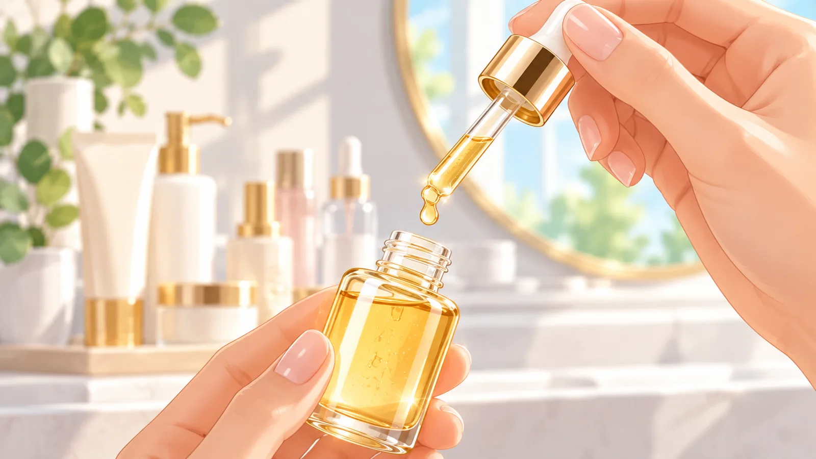 Pipettenflasche mit goldenem Serum und einem fallenden Tropfen