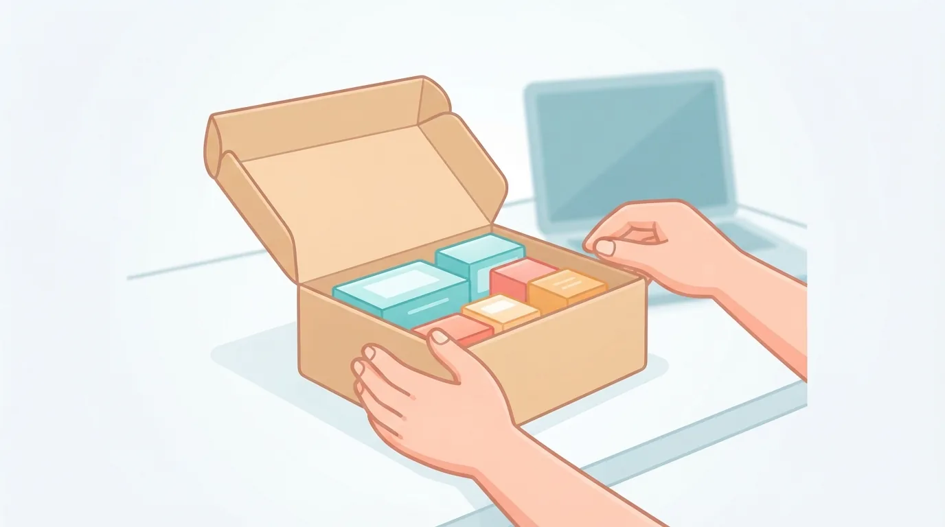 Hände öffnen ein Paket mit Hautpflegeprodukten