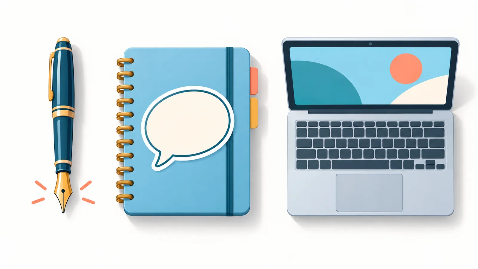 Drei Symbole für Ghostwriting, Coaching und Baukasten auf einem Tisch
