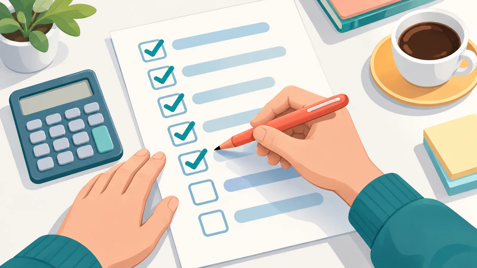 Hände haken Auswahlkriterien auf einer Checkliste ab