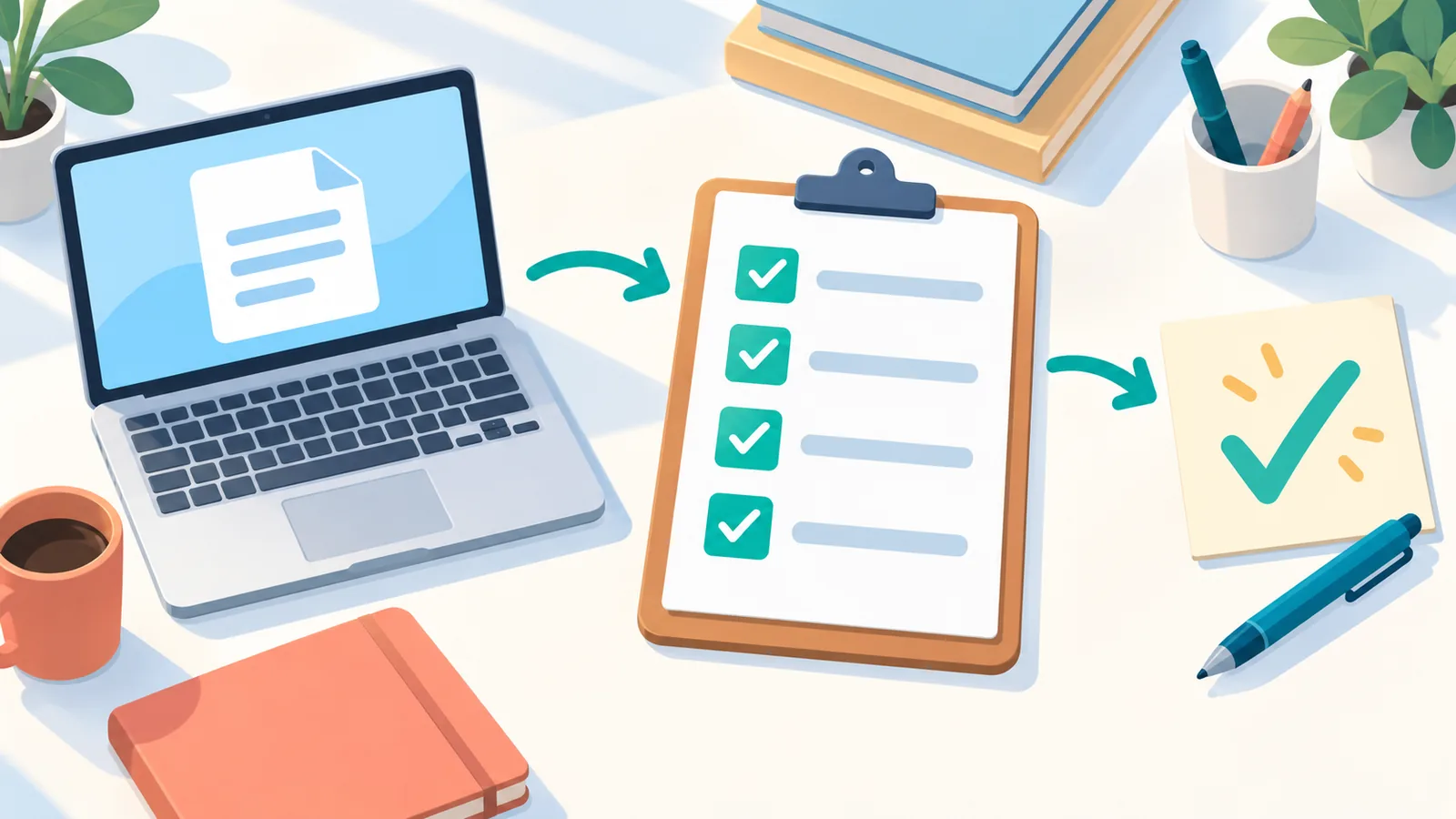 Ausgefüllte Checkliste neben Laptop und unterschriebener Freigabe