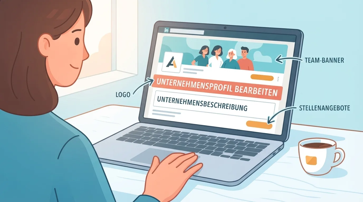 Frau pflegt die Unternehmensseite mit Logo und Banner am Laptop