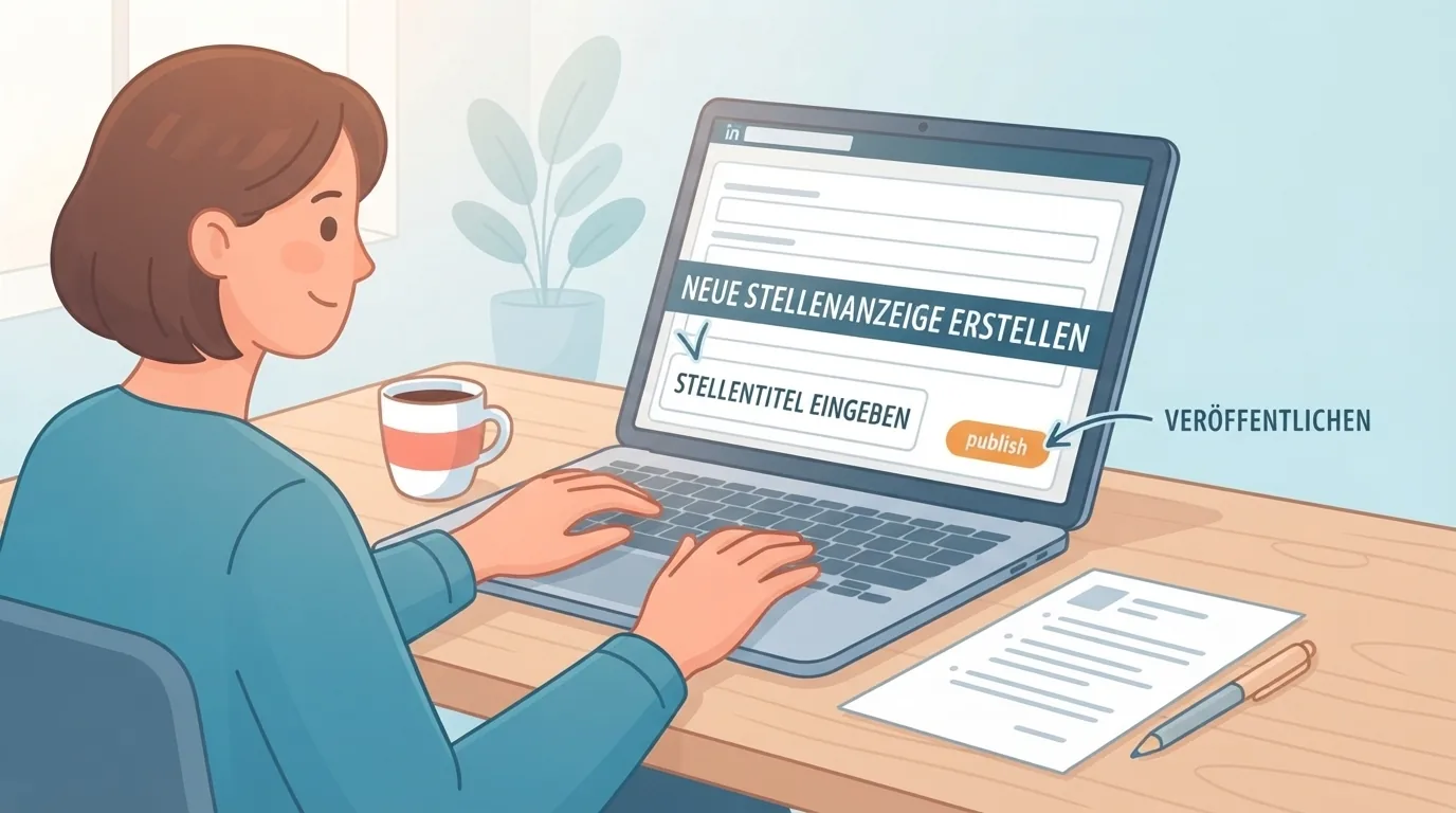 Unternehmer erstellt am Laptop eine Stellenanzeige