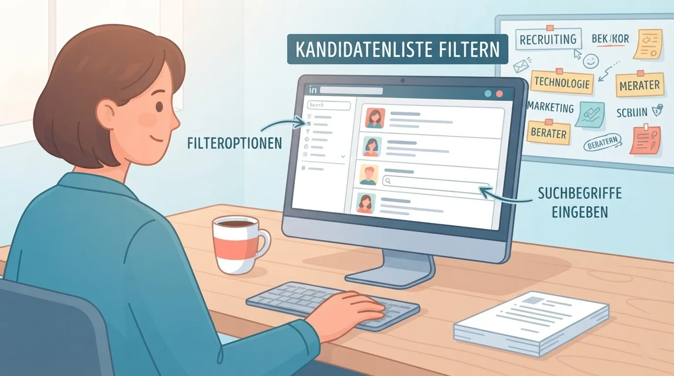 Recruiterin prüft Kandidatenprofile mit Suchfiltern am Monitor