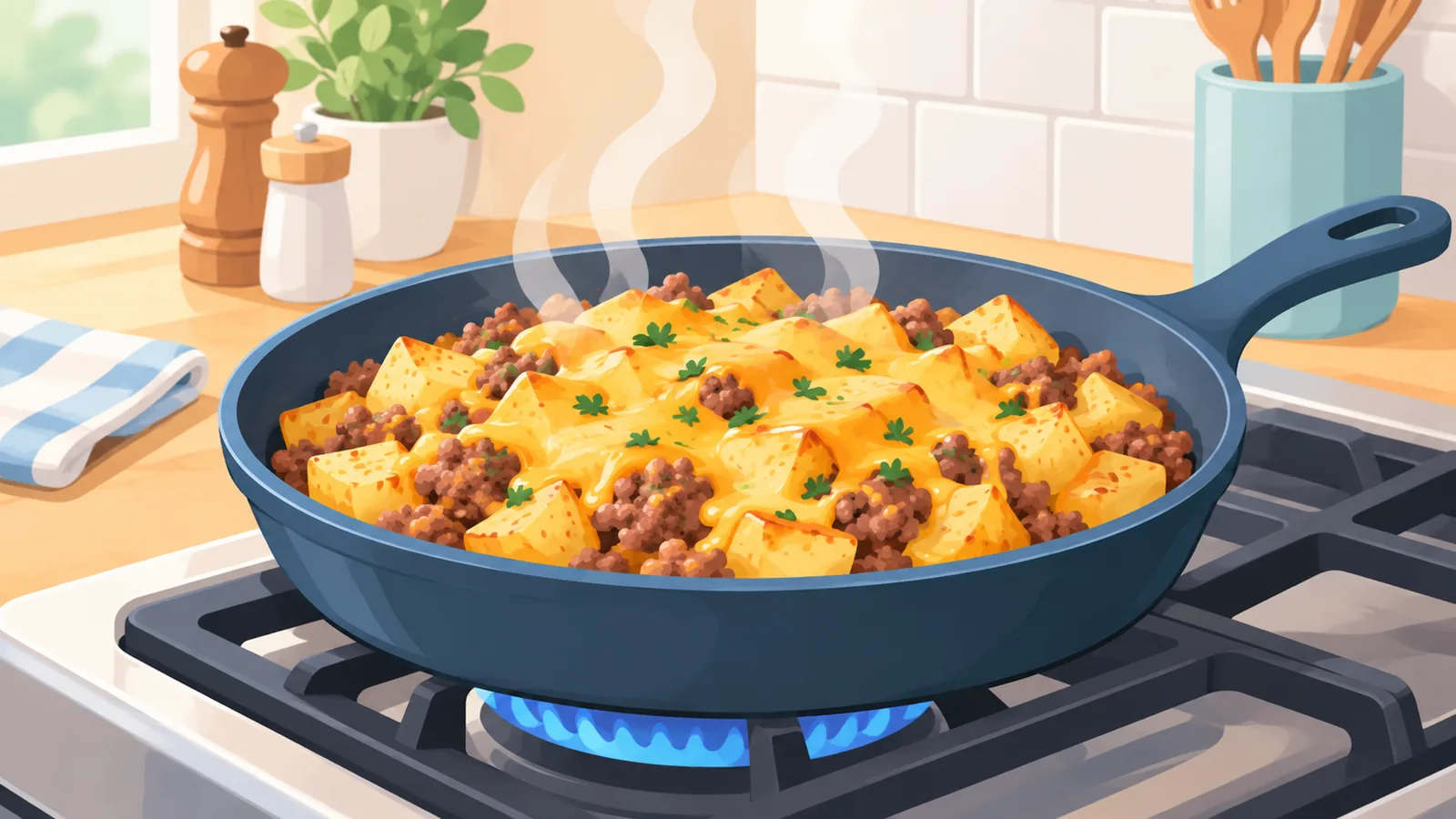 Pfanne mit Hackfleisch und Käse-Kartoffeln auf dem Herd
