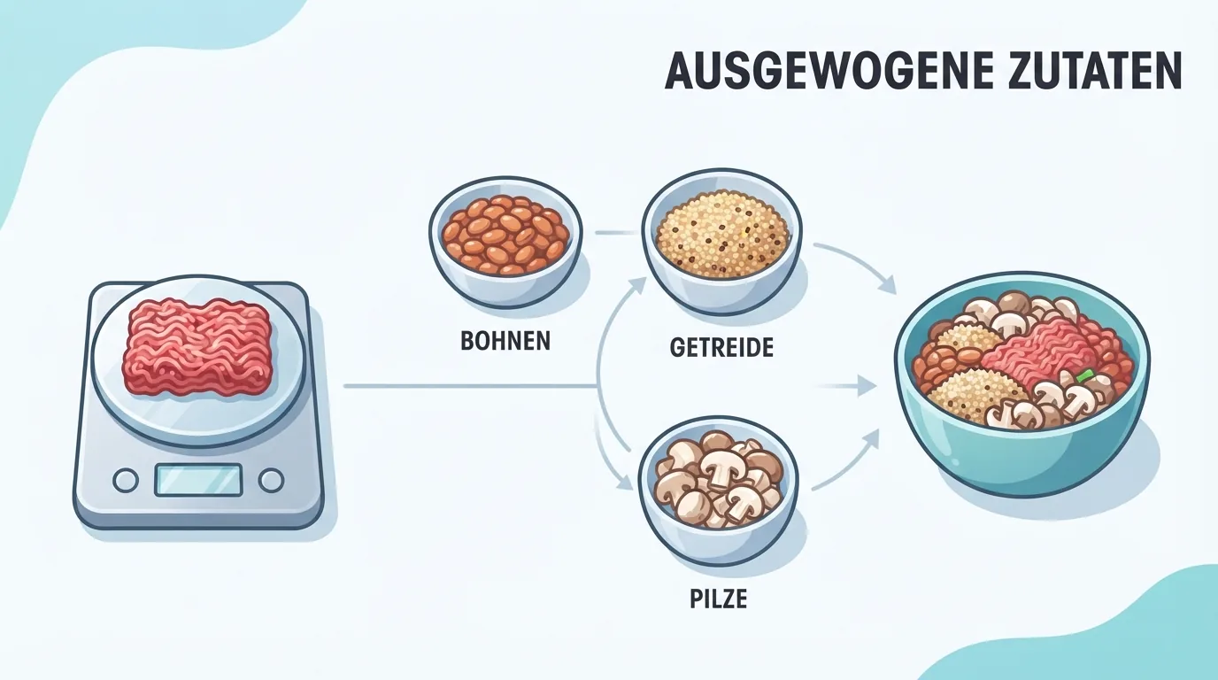 Hackfleisch auf der Waage neben Bohnen, Getreide und Pilzen