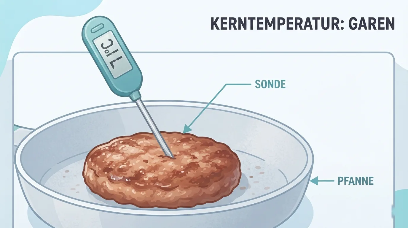 Thermometer in einer gebratenen Frikadelle in der Pfanne
