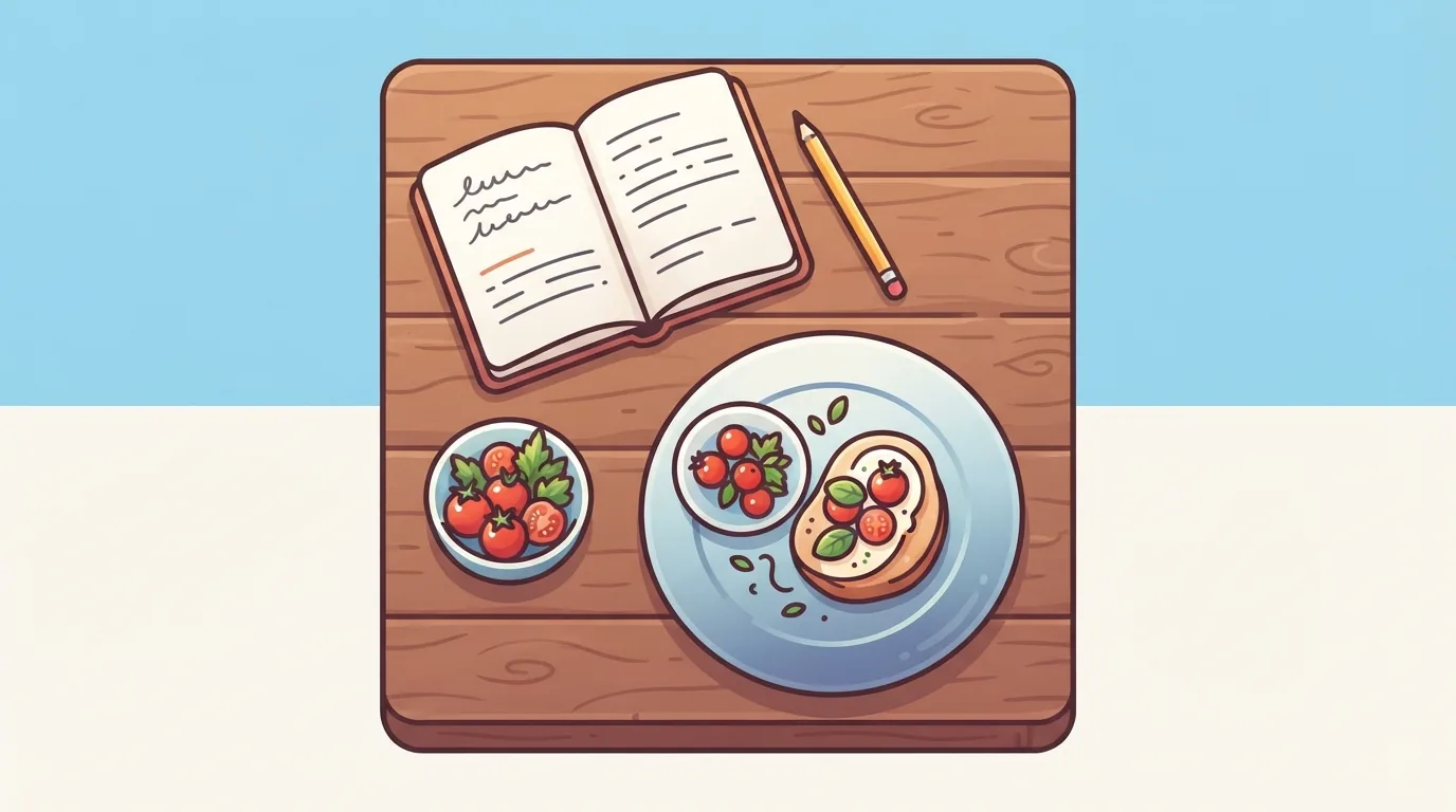 Küchentisch mit Notizbuch, Zutaten und fertigem Gericht