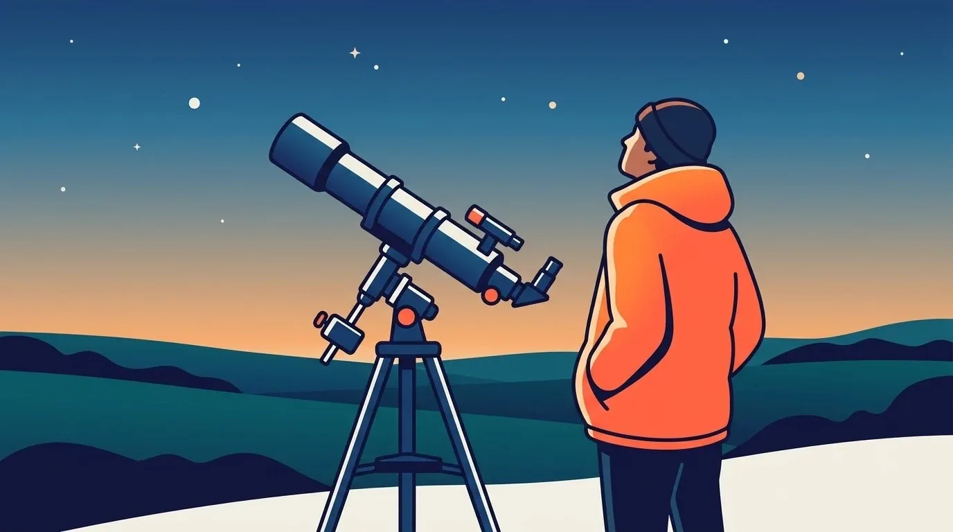 Hobby-Astronomin blickt in der Abenddämmerung über eine Wiese zum Himmel