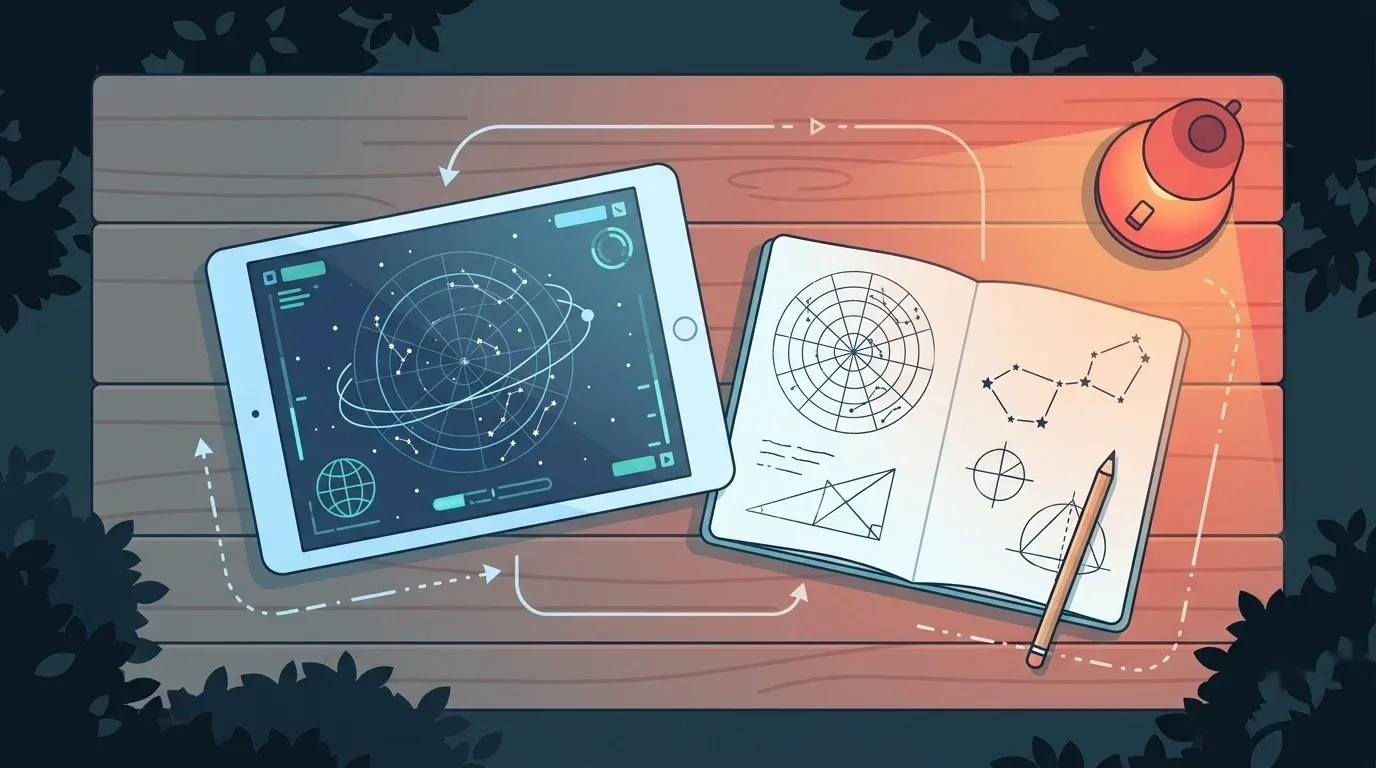 Sternkarte auf einem Tablet neben einem Notizbuch auf einem Gartentisch