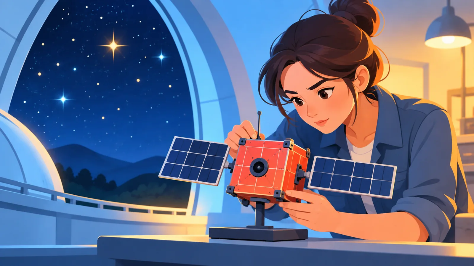 Sternenhimmel an einer Sternwarte und Ingenieur mit Satellitenmodell