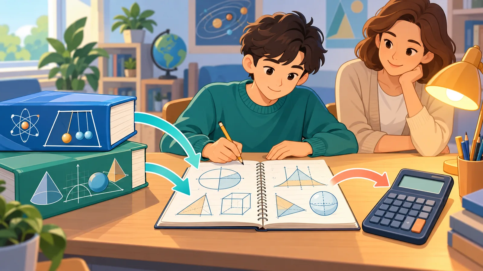 Schüler lernt Physik und Mathematik am Schreibtisch
