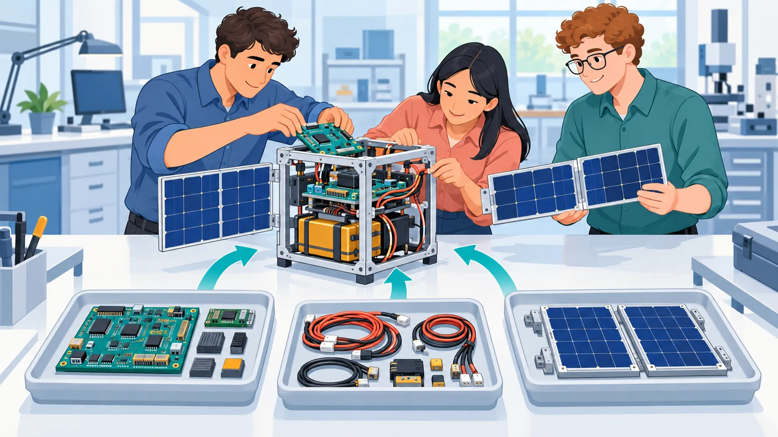 Studierende bauen im Labor einen Satelliten-Prototyp