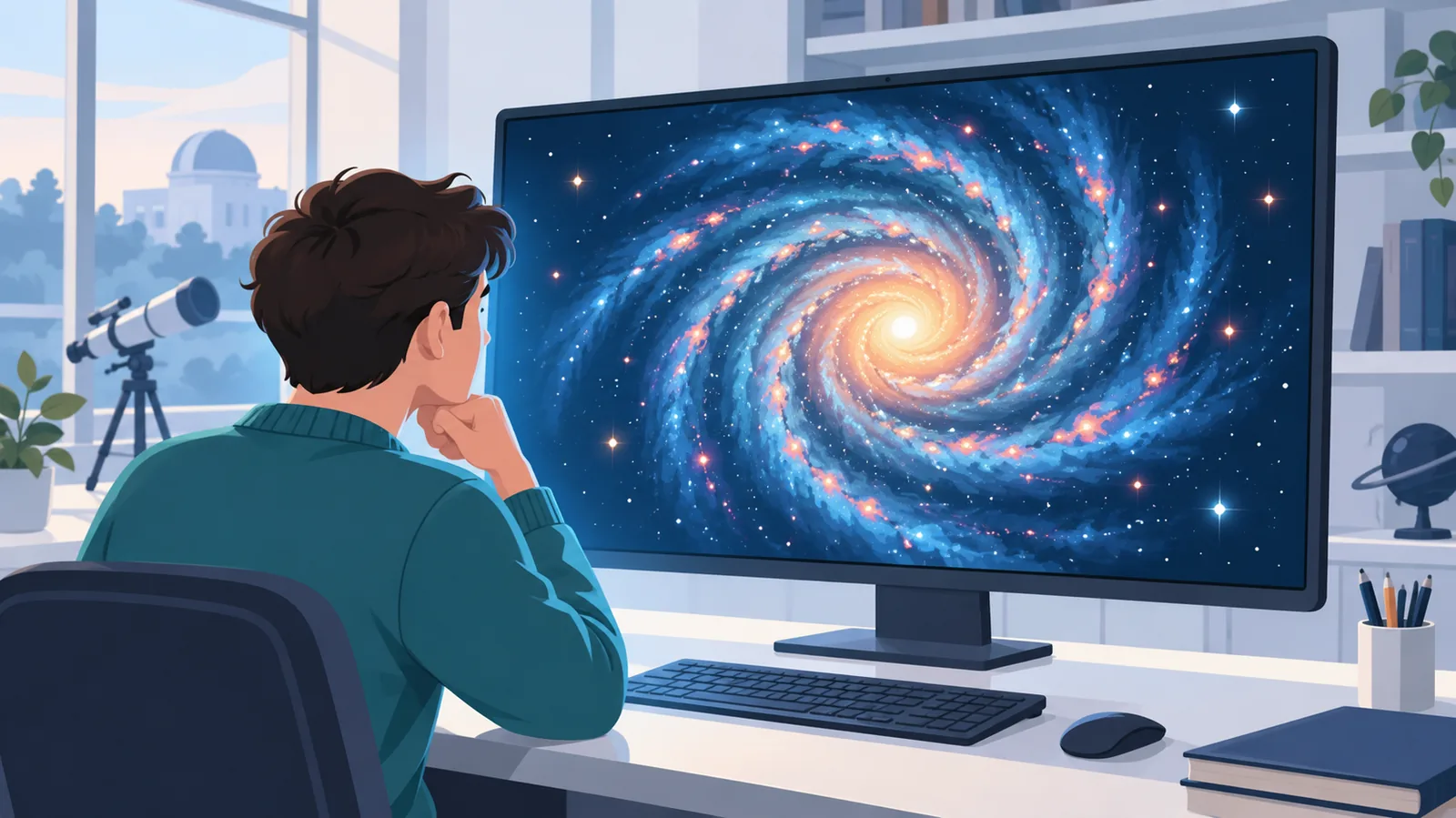 Physikstudent betrachtet das Bild einer Galaxie am Monitor