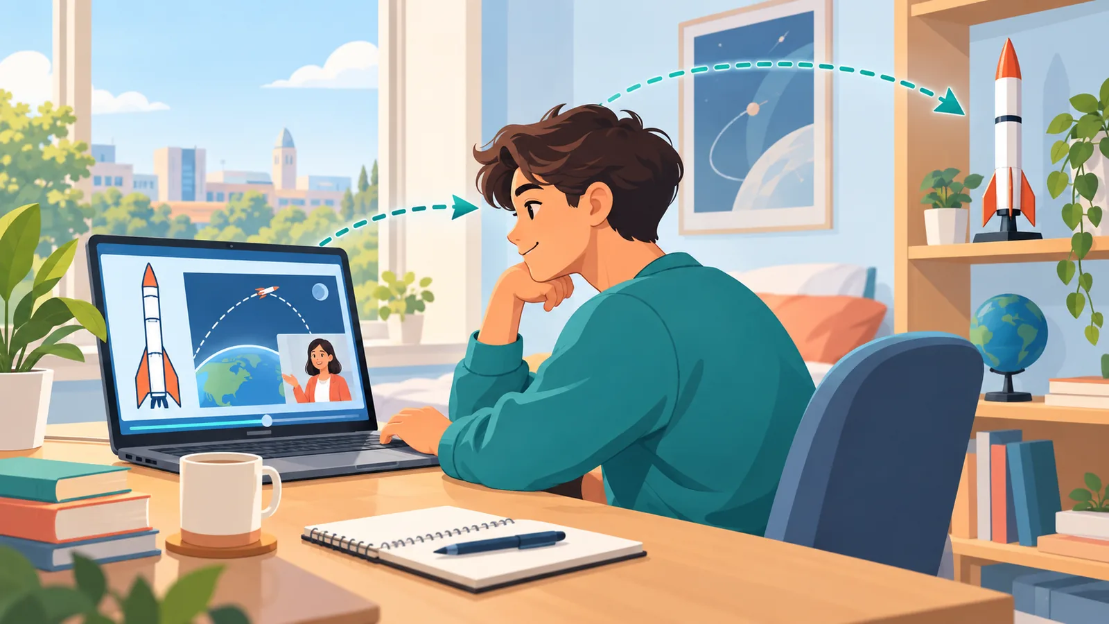 Student folgt zu Hause einer Online-Vorlesung zur Raumfahrttechnik