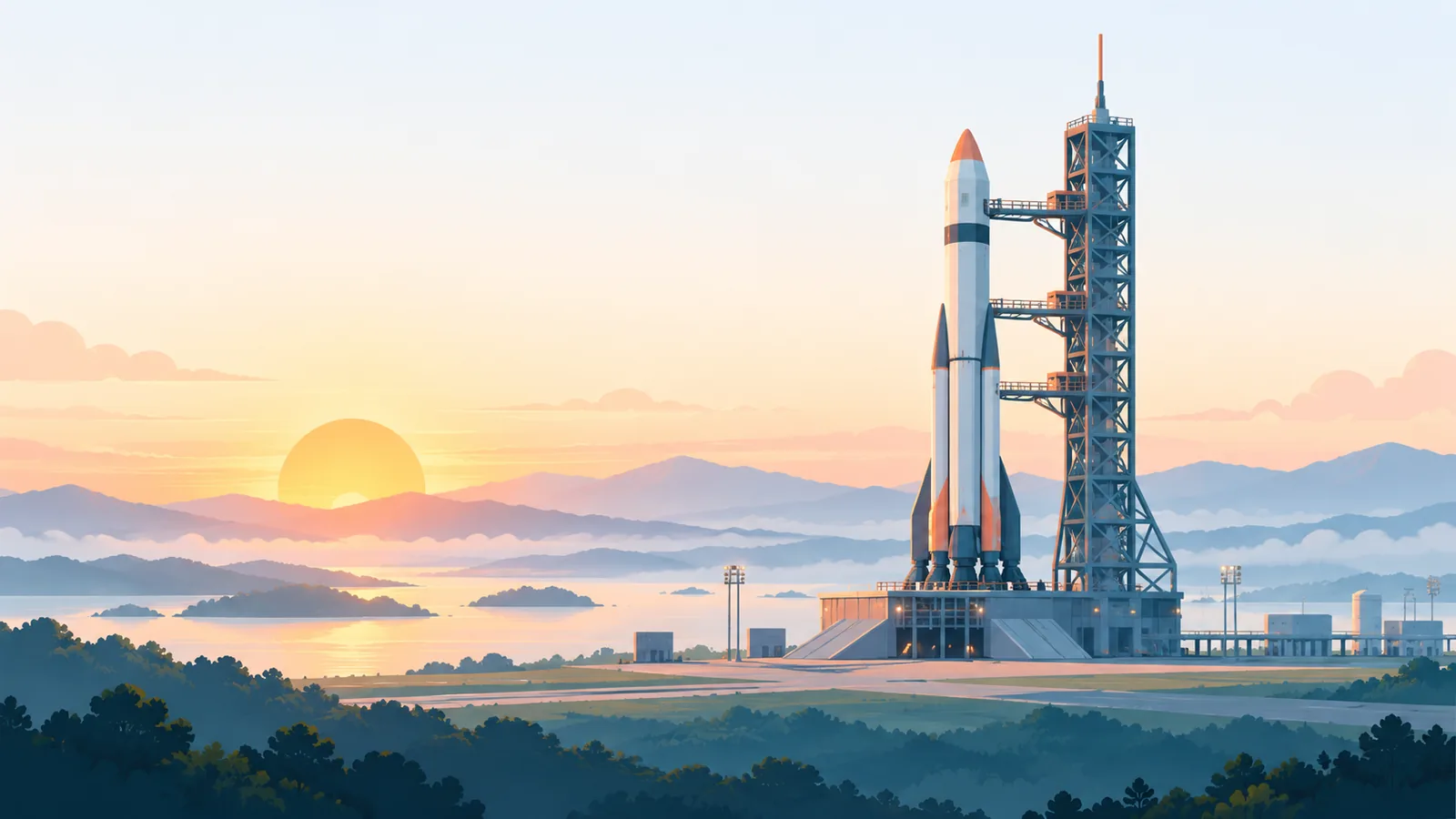 Rakete auf der Startrampe im Morgenlicht