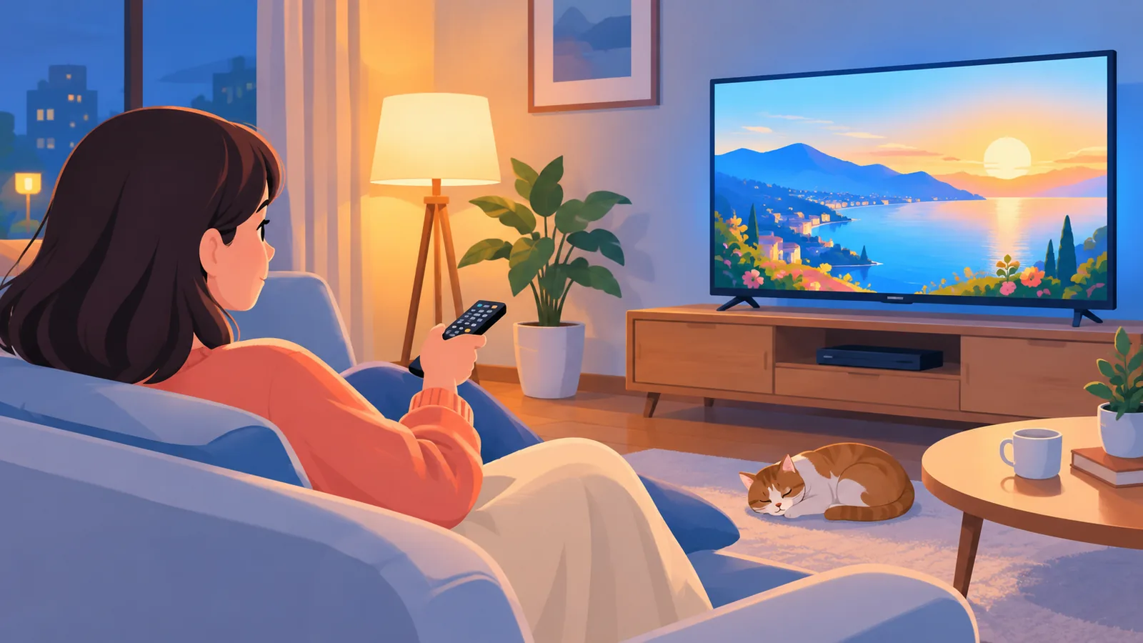 Gemütliches Wohnzimmer am Abend mit leuchtendem Fernseher