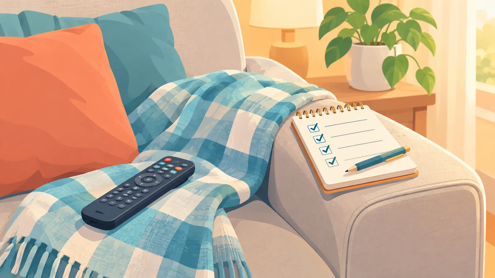 Sofa mit Fernbedienung, Decke und Notizzettel mit Checkliste