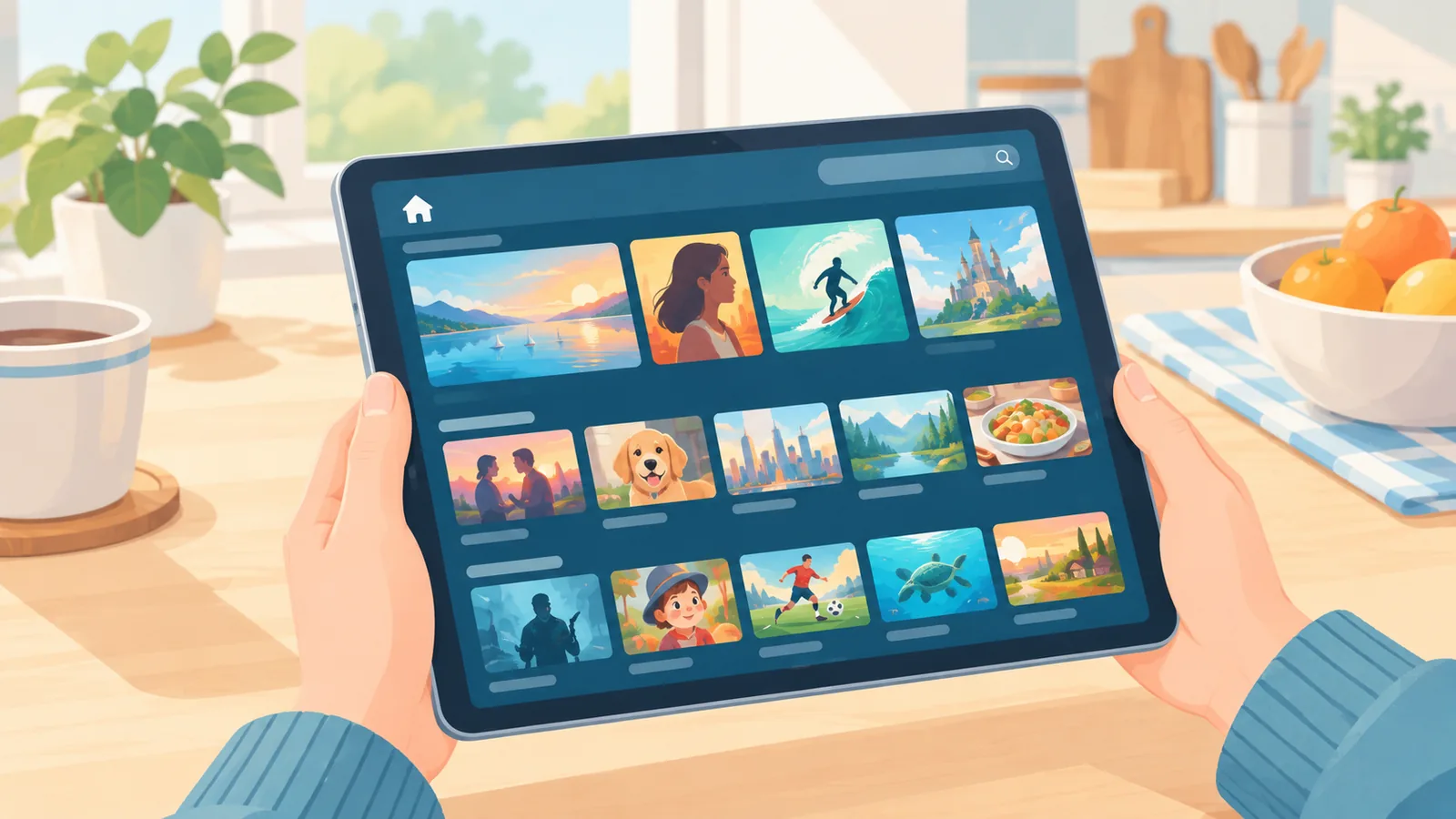Tablet mit einem Streaming-Menü in einer hellen Küche