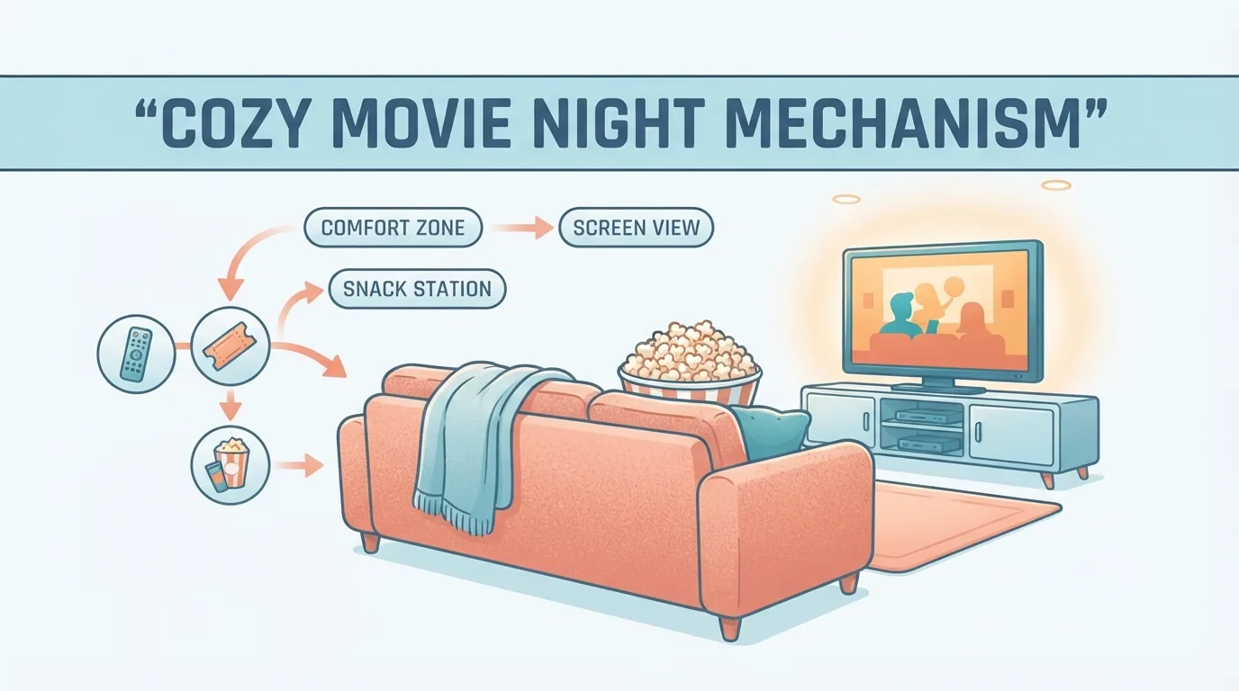 Wohnzimmer mit Popcorn und Decke für einen Filmabend