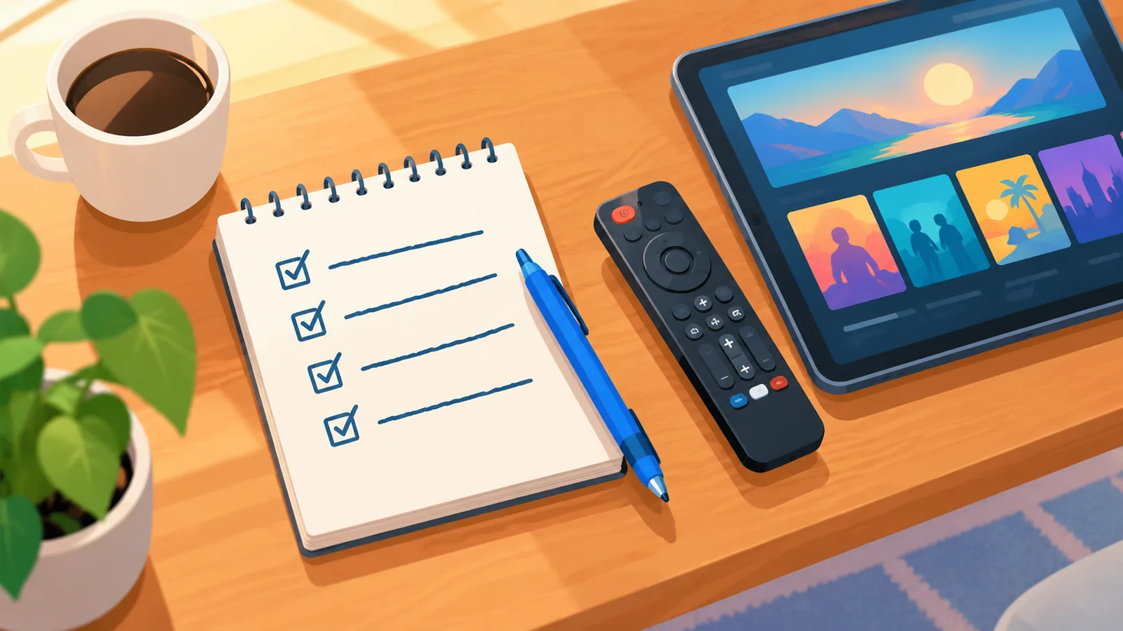 Notizblock mit Checkliste, Fernbedienung und Tablet auf einem Holztisch