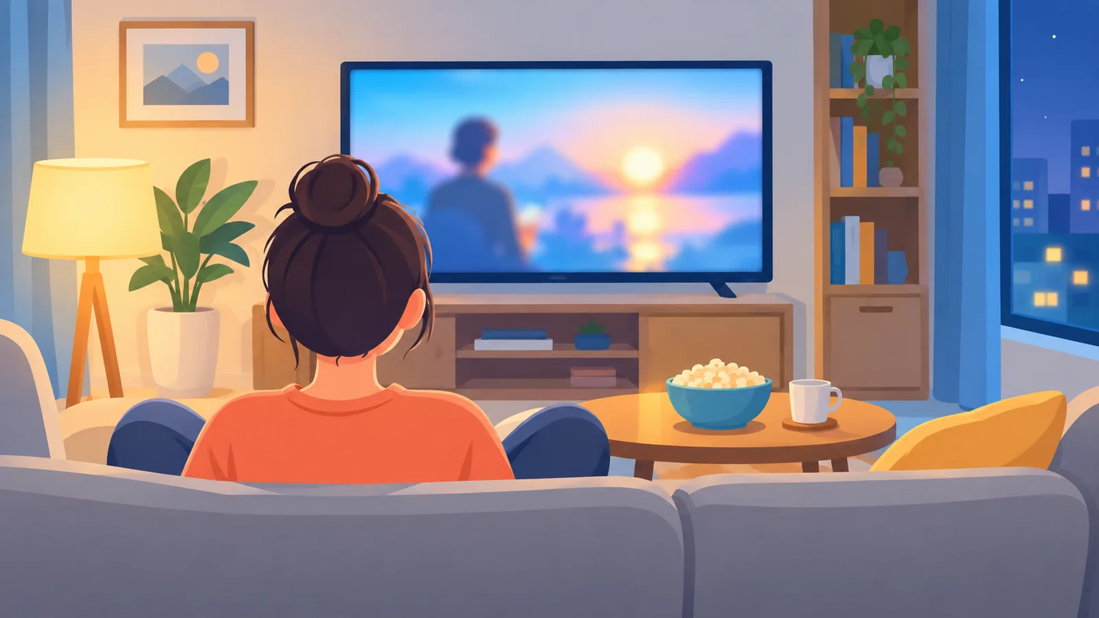 Person schaut abends auf dem Sofa Serien im Fernsehen