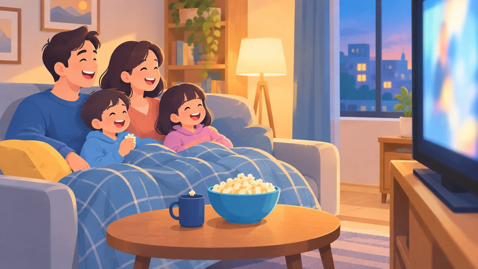 Familie schaut gemeinsam fern mit Popcorn auf dem Sofa