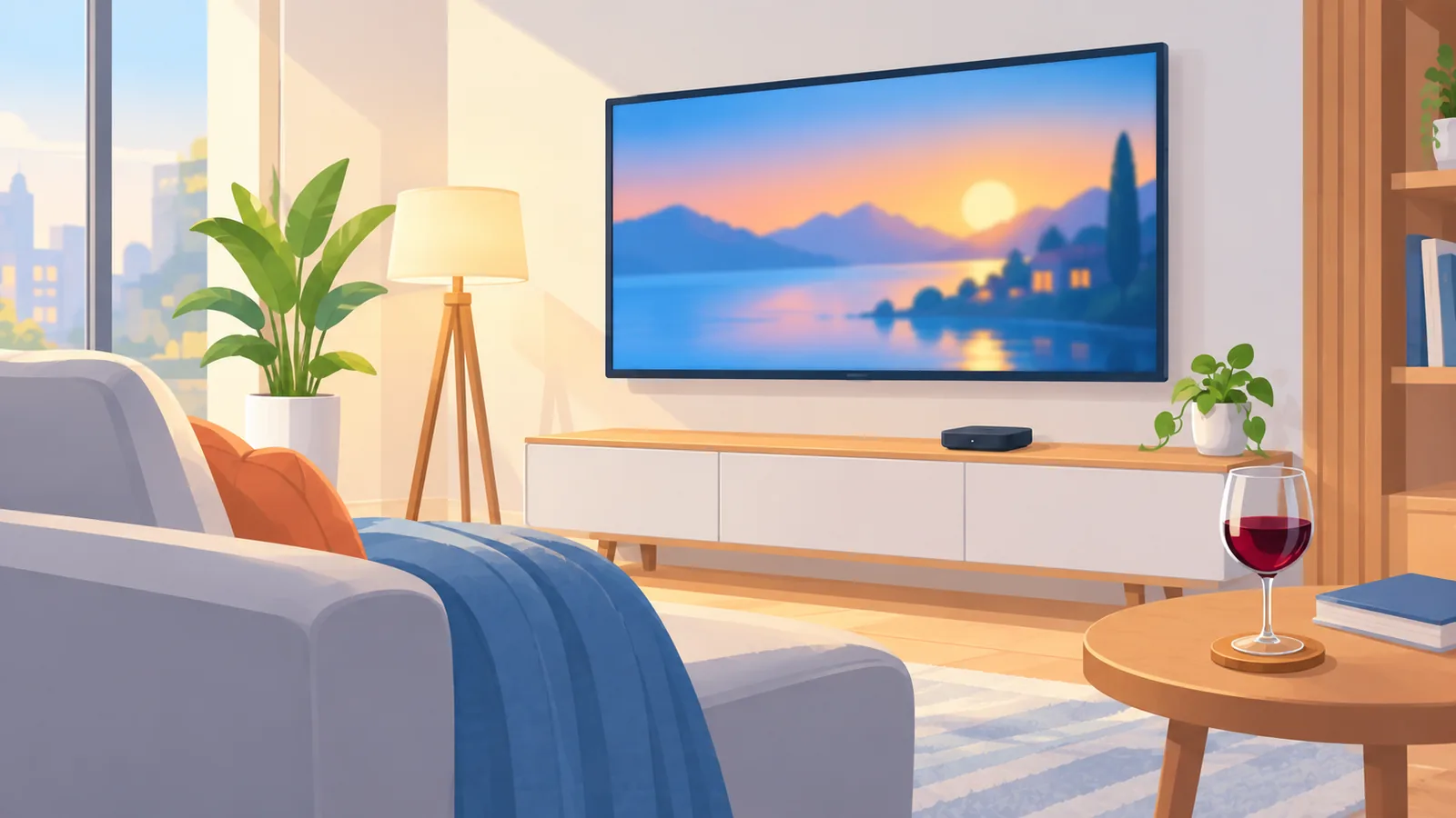 Minimalistisches Wohnzimmer mit Fernseher und Streaming-Box