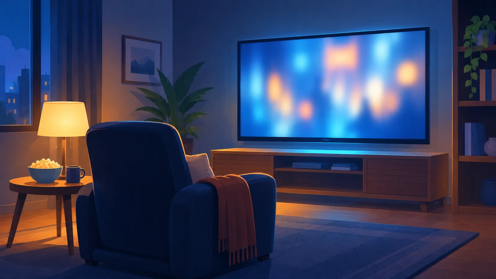 Abgedunkelte Heimkino-Ecke mit Sessel und großem Fernseher