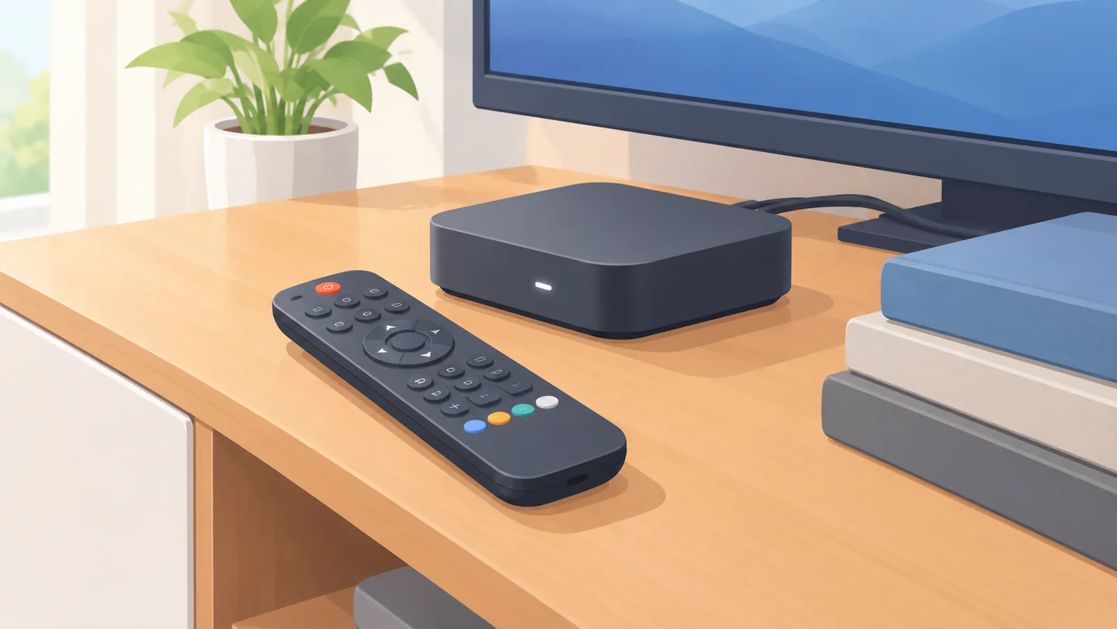 Fernbedienung und Set-Top-Box auf einem Medienmöbel