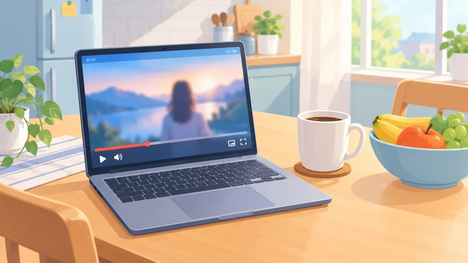 Laptop mit Videoplayer auf dem Küchentisch neben einer Kaffeetasse