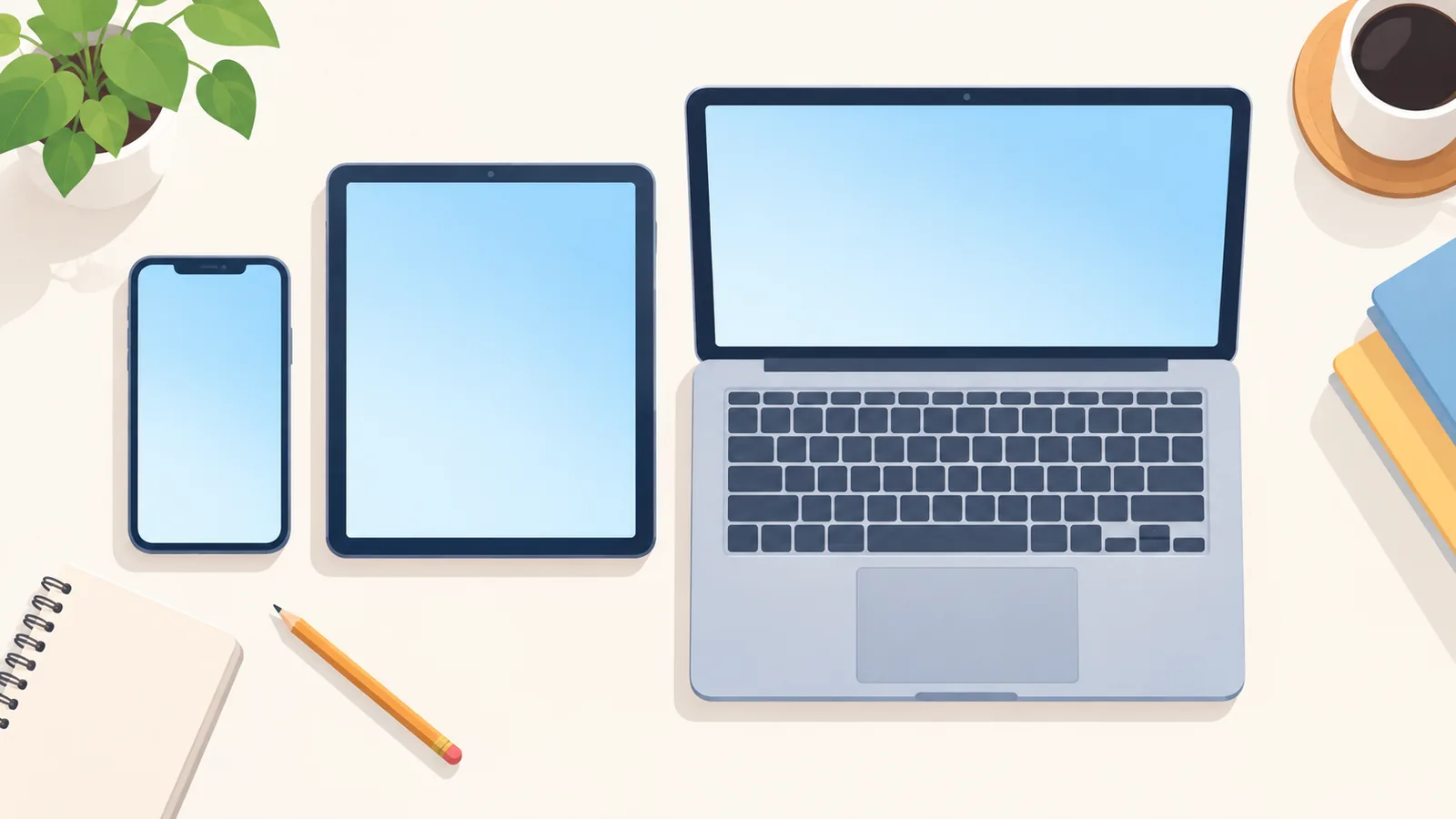 Smartphone, Tablet und Laptop nebeneinander auf einem Schreibtisch