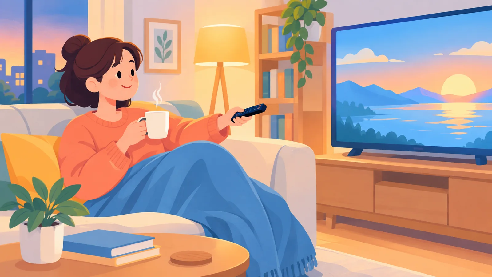 Zufriedene Person entspannt mit Fernbedienung und Tee auf dem Sofa