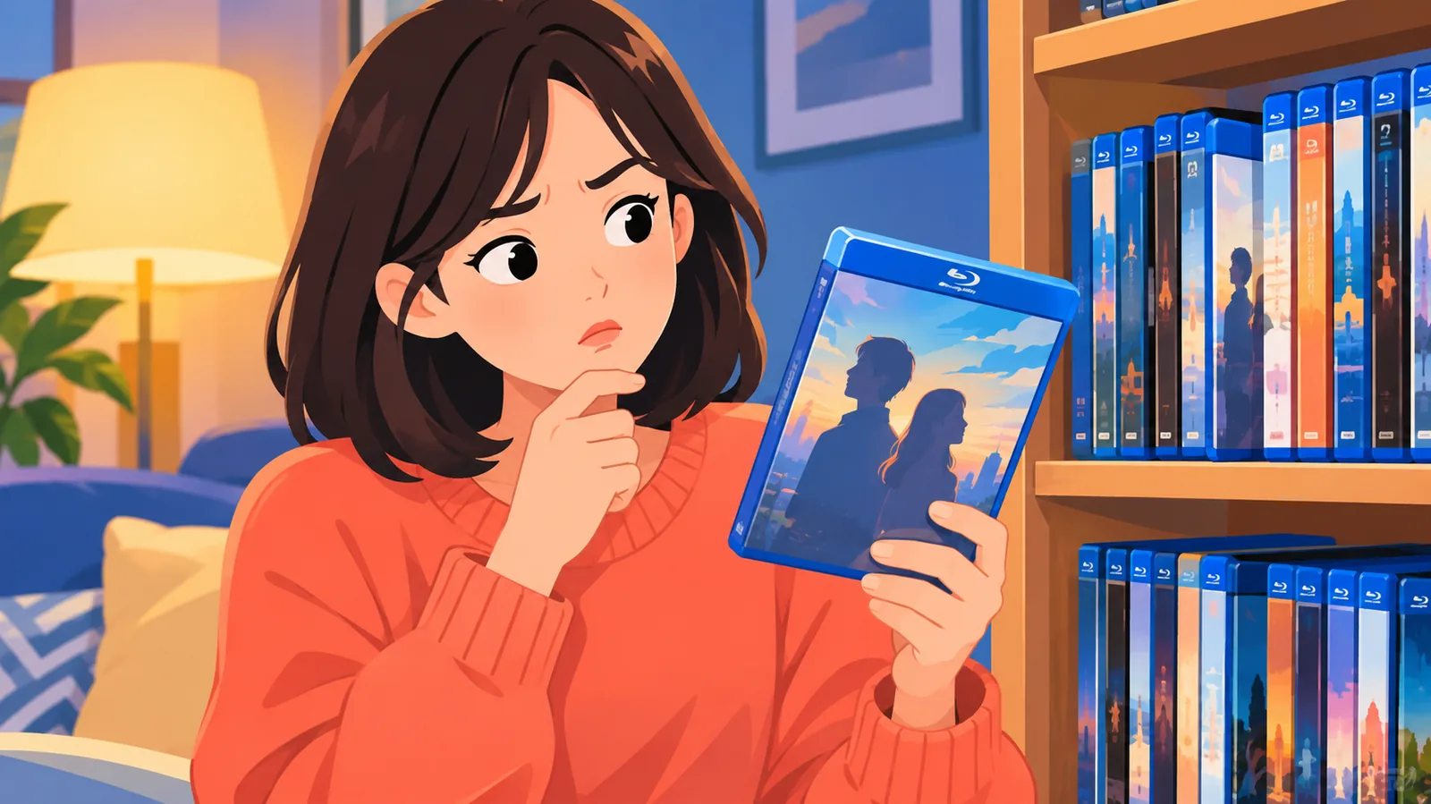 Person mit einer Filmhülle vor einem Regal voller Dramafilme auf Blu-ray