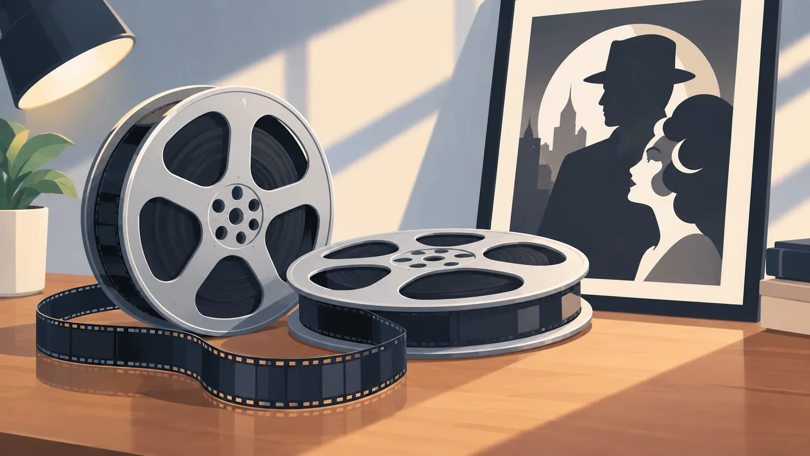 Alte Filmrollen und ein Posterrahmen als Symbol für Filmklassiker