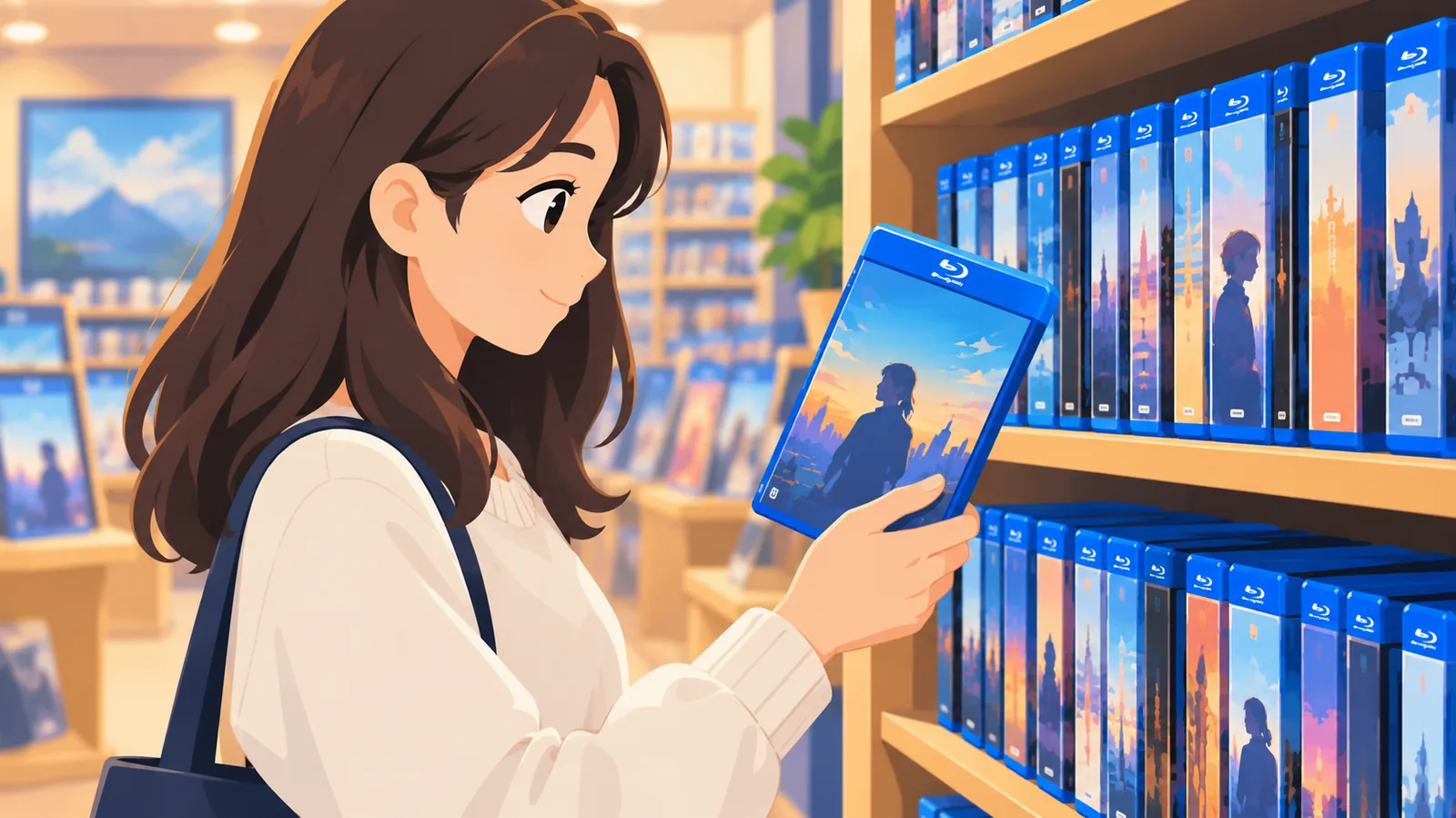 Person stöbert in einem Regal mit Blu-ray-Hüllen