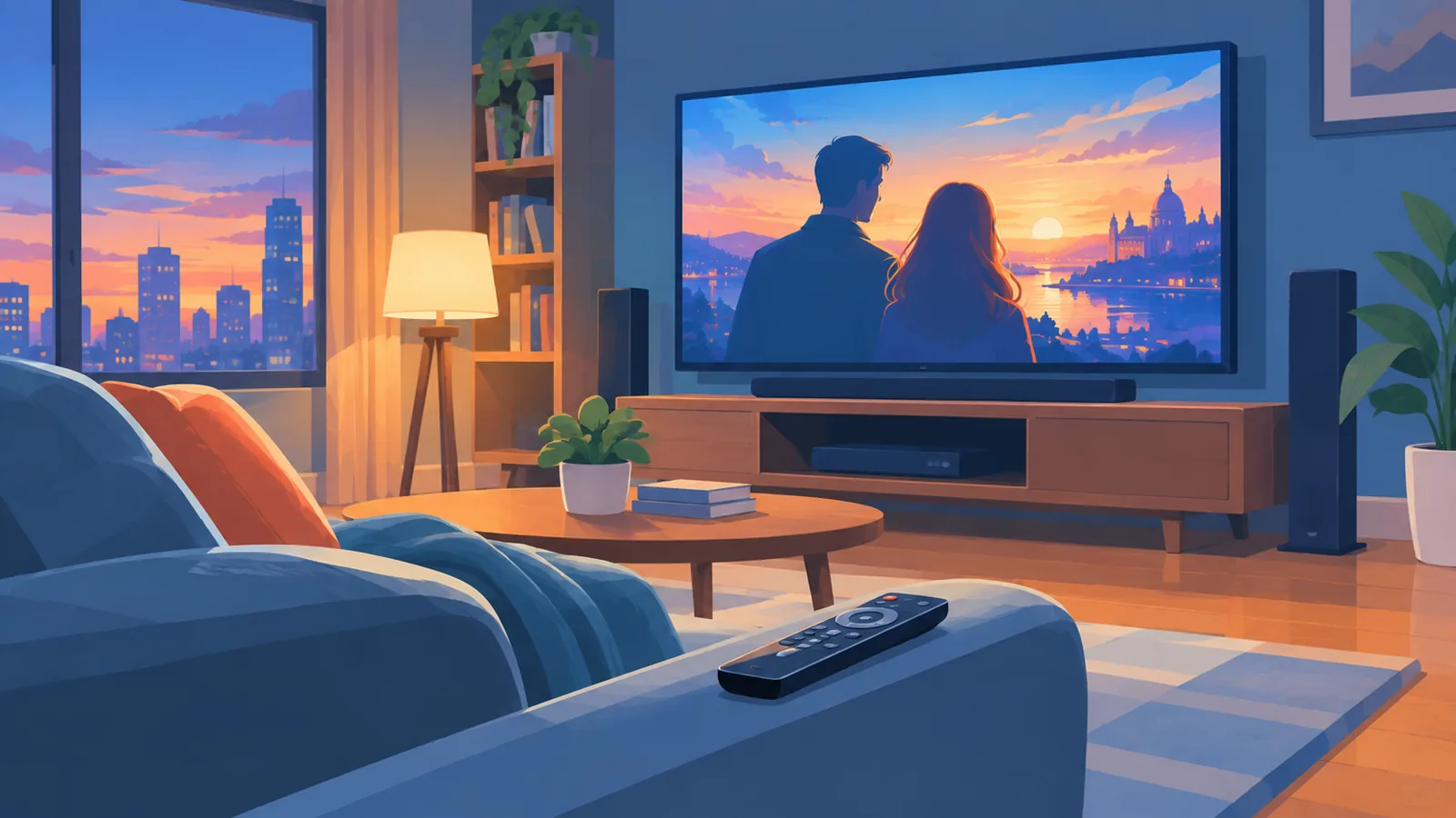 Heimkino mit großem Fernseher und Fernbedienung am Abend