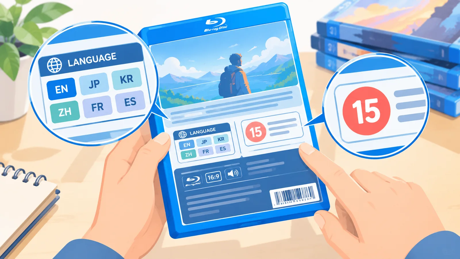 Hände prüfen Sprach- und Altersangaben auf der Rückseite einer Blu-ray-Hülle