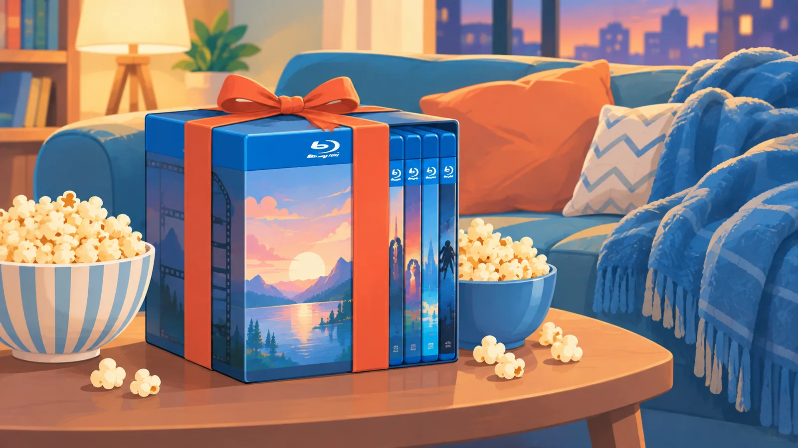 Verpackte Film-Box als Geschenk neben Popcorn auf dem Sofa