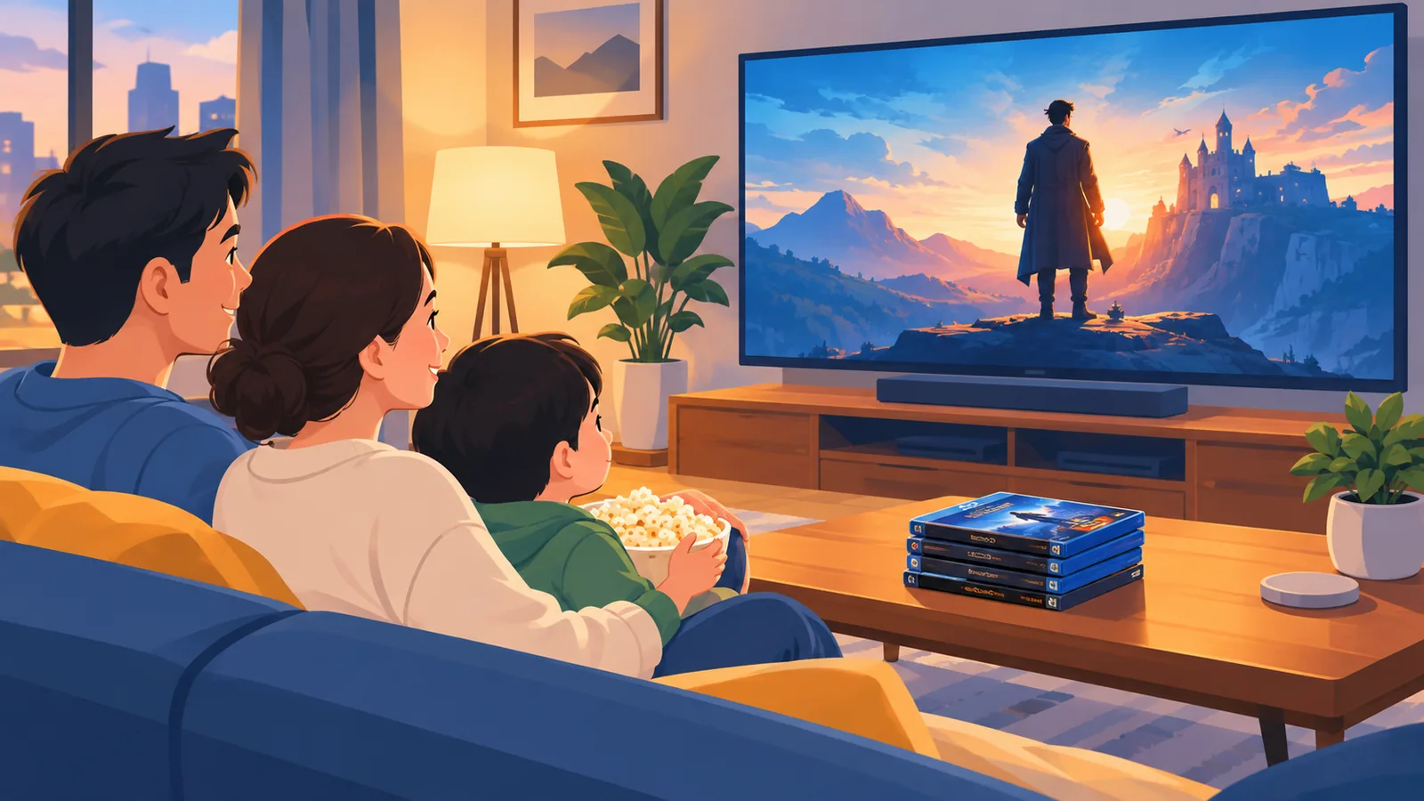 Gemütliches Wohnzimmer mit Fernseher und Blu-ray-Stapel für einen Filmabend