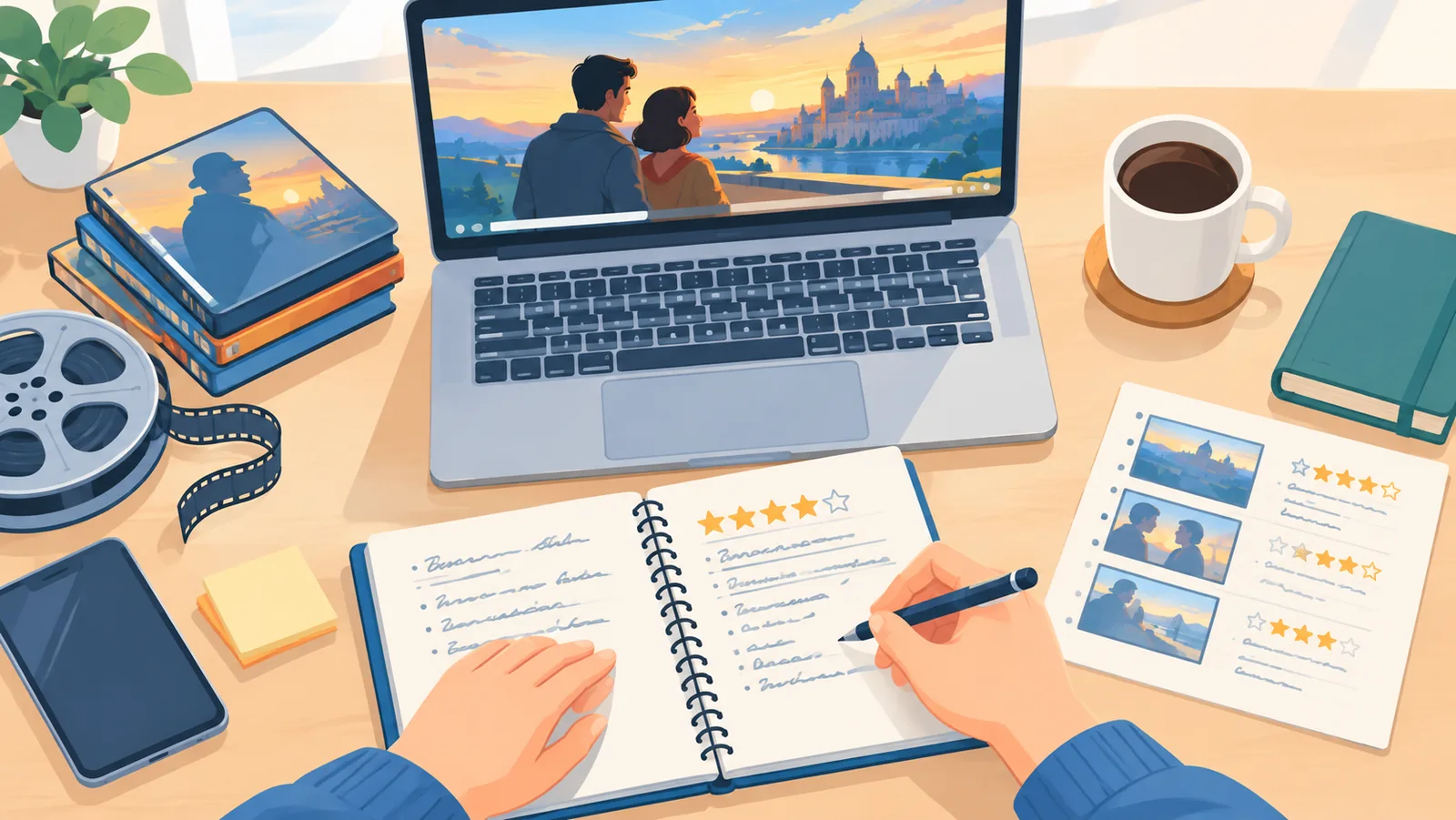 Schreibtisch eines Filmkritikers mit Notizen und Laptop