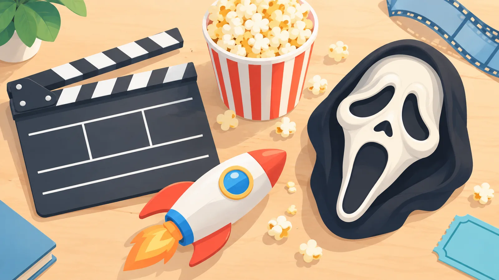 Requisiten für verschiedene Filmgenres auf einem Tisch