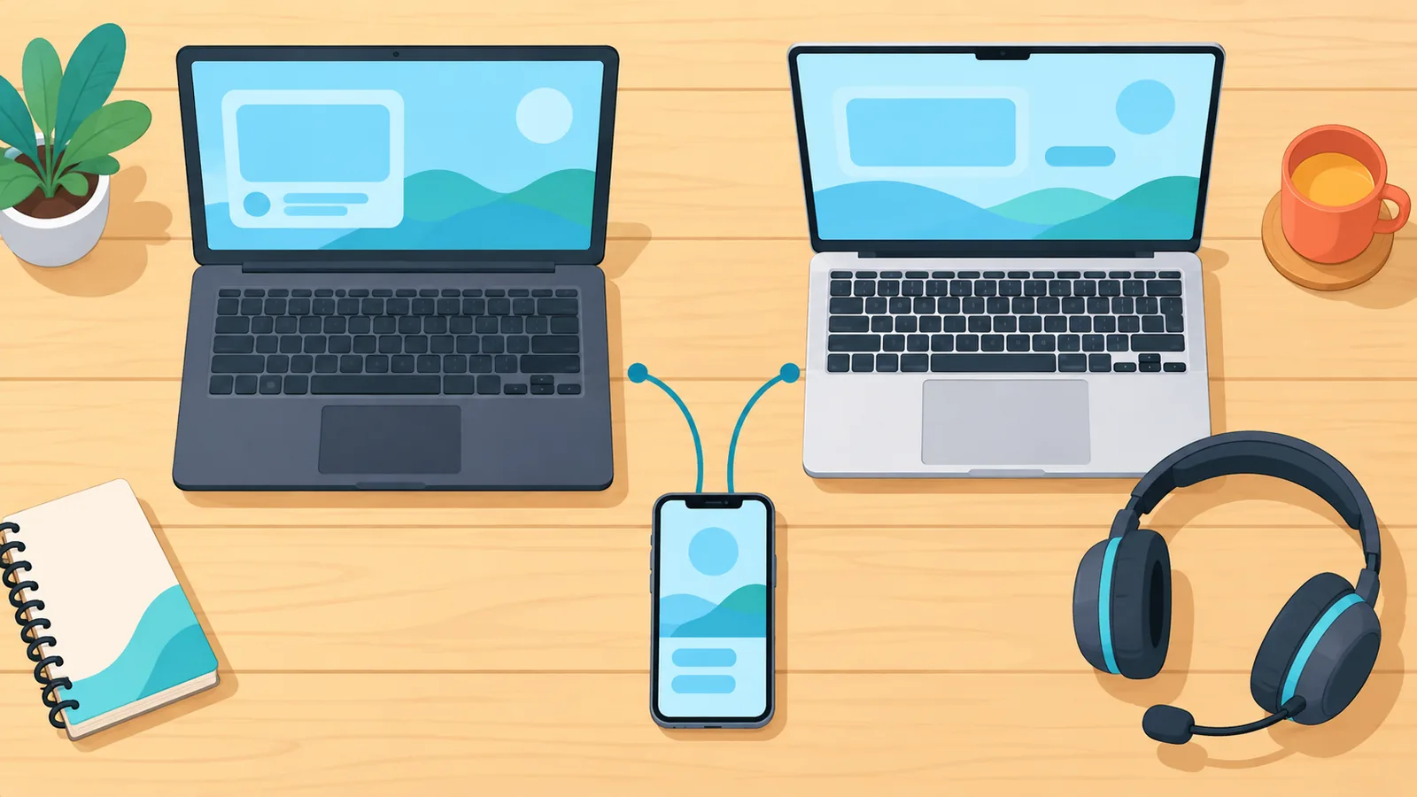 Laptops, Smartphone und Headset auf einem Holztisch