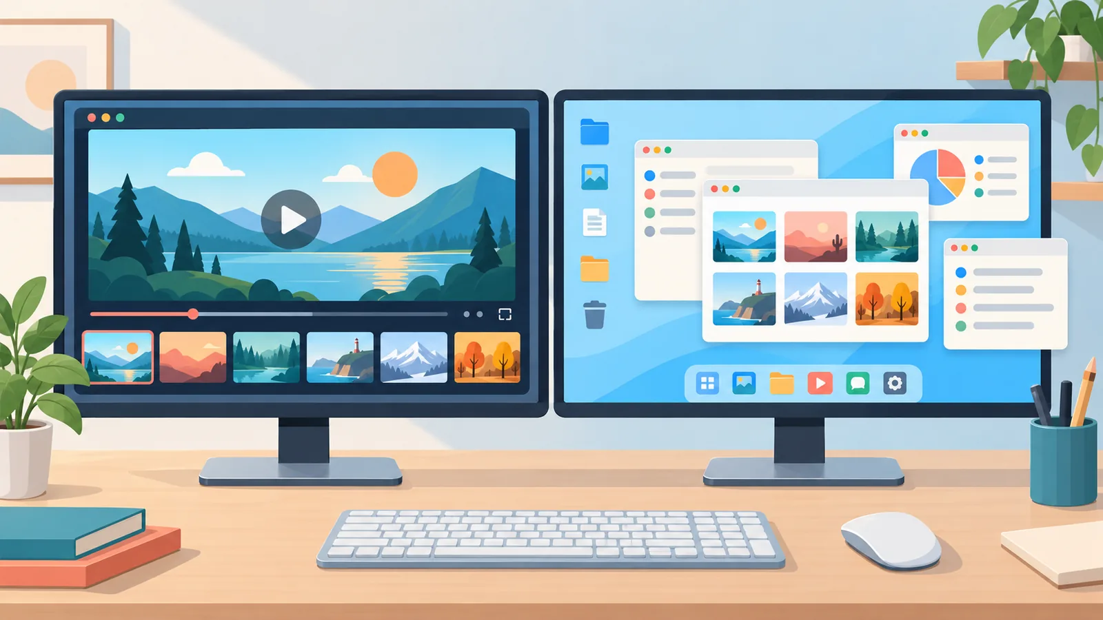 Zwei Monitore mit Einzelfenster und gesamtem Desktop