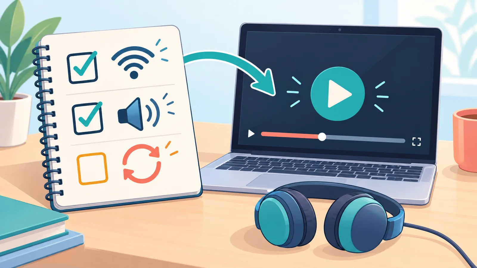 Handschriftliche Checkliste neben Laptop mit dunklem Videoplayer